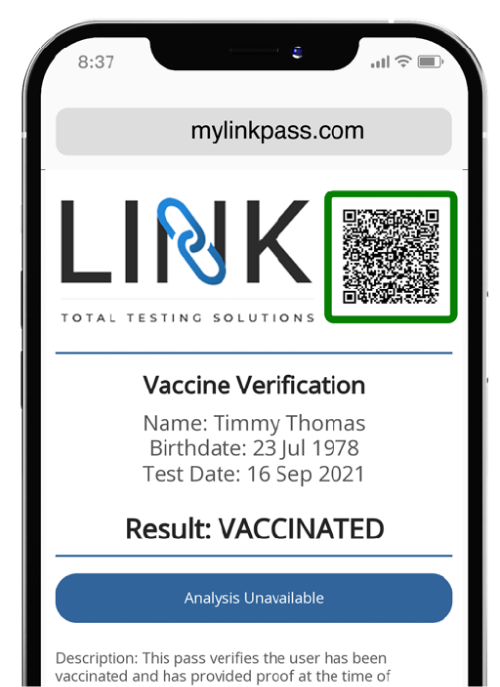 Link pass - vaccine verification screen