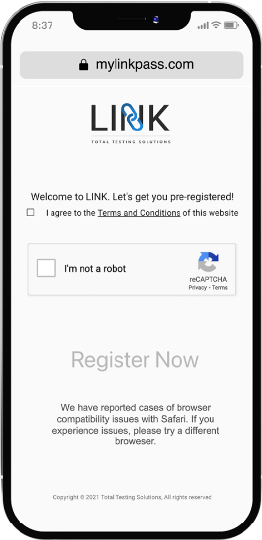 Link registration instructions - Register now screen