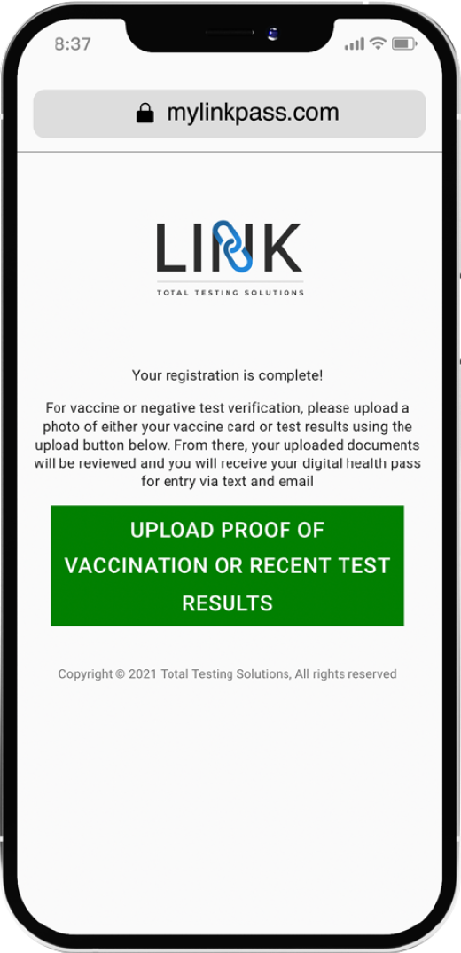 Link registration instructions - Upload proof of vaccination or recent test results screen